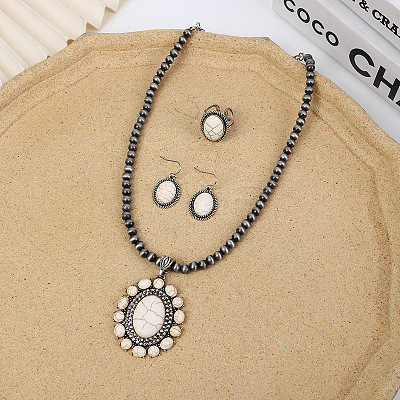 Bohemian Style Oval Alloy & Synthetic Turquoise Pendant Necklaces & Dangle Earrings & Cuff Rings Sets FS-WG676BC-01-1