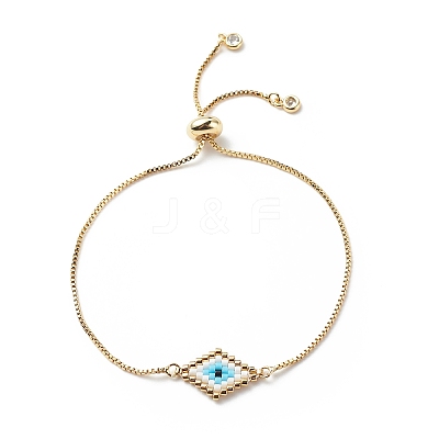 Japanese Seed Braided Rhombus with Evil Eye Link Slider Bracelet BJEW-MZ00001-01-1