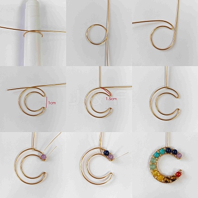 7 Chakra Round Mixed Stone Copper Wire Wrapped Moon Pendants PALLOY-TA00401-01-1