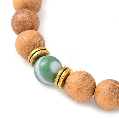 Natural Striped Agate & Wood Round Beads Stretch Bracelets for Men Women BJEW-JB12356-04-1