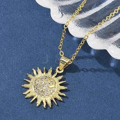 Brass Micro Pave Clear Cubic Zirconia Sun Pendant Necklaces for Women NJEW-S449-05A-G-1