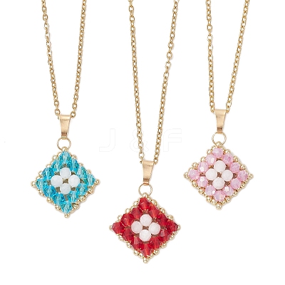 3Pcs 3 Colors Natural Rainbow Moonstone and Handmade Glass Beaded Rhombus Pendant 304 Stainless Steel Cable Chain Necklaces NJEW-MZ00124-1
