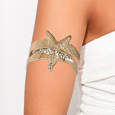 2Pcs 2 Styles  Starfish Alloy Arm Cuff Bangles for Girl Women BJEW-CY0001-05G-1