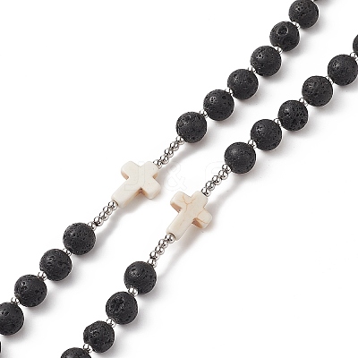 Natural Lava Rock & Synthetic Turquoise Cross Rosary Bead Necklace NJEW-JN04202-1