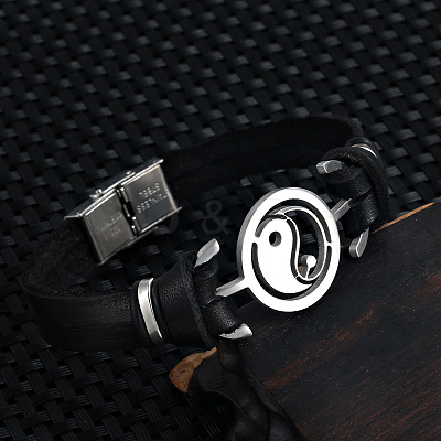 Stainless Steel Yin Yang Link Bracelet with Leather Cords PW-WG54823-01-1