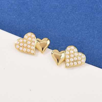 Brass ABS Plastic Pearl Heart Stud Earrings EJEW-L275-14G-02-1