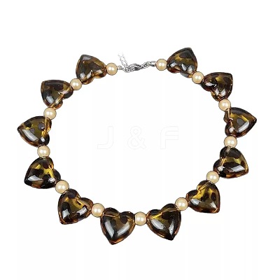 Leopard Print Acrylic Heart and Round Imitation Pearl Beaded Necklaces FS-WG140B1-01-1