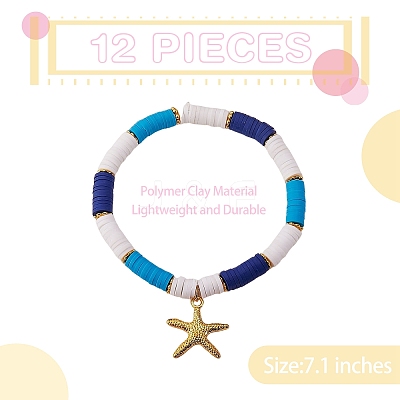 12Pcs 12 Style Handmade Polymer Clay Heisih Beaded Stretch Bracelets Set with Shell Starfish Charm BJEW-SW00035-1