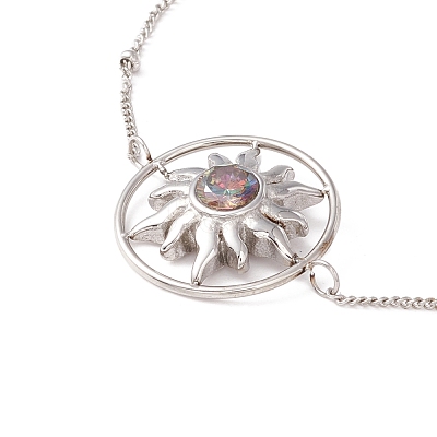 Colorful Cubic Zirconia Ring with Sun Link Bracelet with 304 Stainless Steel Satellite Chain for Women BJEW-F428-02P-1