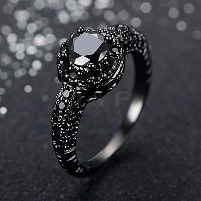 Flat Round Brass Jet Rhinestone Finger Rings FS-WG232E0-05-1