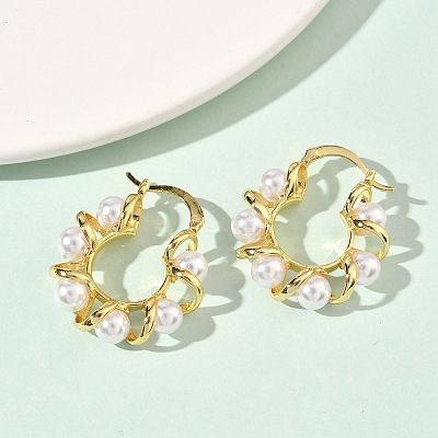 Twist Brass & ABS Plastic Pearl Hoop Earrings EJEW-P336-05G-1
