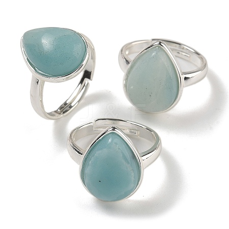 Natural Flower Amazonite Teardrop Adjustable Rings RJEW-K371-08S-22-1