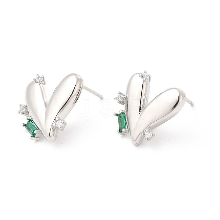 Green Cubic Zirconia Heart Stud Earrings EJEW-P213-13P-1