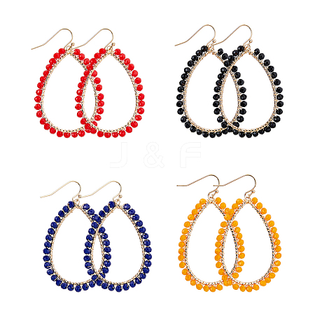 FIBLOOM 4 Pairs 4 Colors Glass Seed Beaded Teardrop Dangle Earrings EJEW-FI0001-98-1