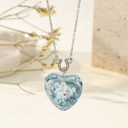 Heart with Horse Pattern Glass Pendant Necklaces PW-WGF1C5C-06-1