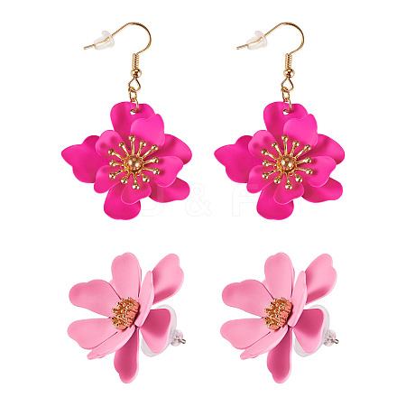 2 Pairs 2 Styles Iron Flower Dangle Earrings and Sweet and Stylish Multi-layer Petal Flower Stud Earrings EJEW-TA0001-80A-1