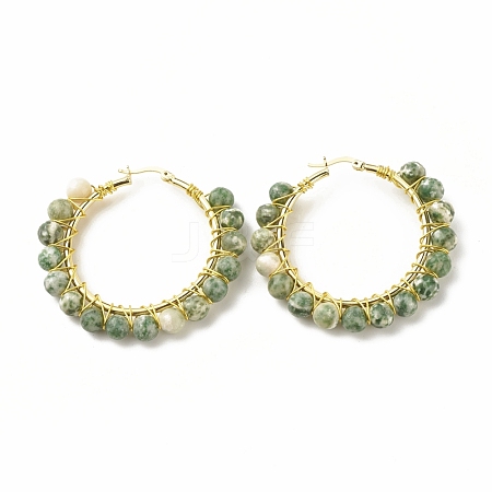 Natural Green Spot Jasper Beaded Hoop Earrings for Women EJEW-C003-03F-RS-1