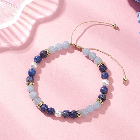Natural Lapis Lazuli & Dyed Natural Quartz Imitation Aquamarine & Shell Pearl Round Beaded Braided Bead Bracelets BJEW-JB13392-03-1