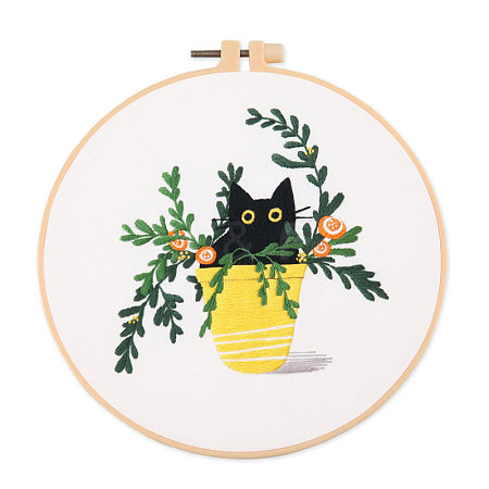 Cat & Plant Pattern DIY Embroidery Kits DARK-PW0001-155A-1