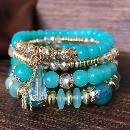 4Pcs 4 Styles Bohemian Style Alloy Glass Round Beaded Stretch Bracelets FS-WG80D8B-02-1