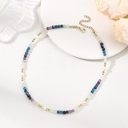 Natural Apatite & Aquamarine & Amethyst & Rose Quartz & Lapis Lazuli Faceted Cube and Pearl Beaded Necklaces NJEW-JN06302-1