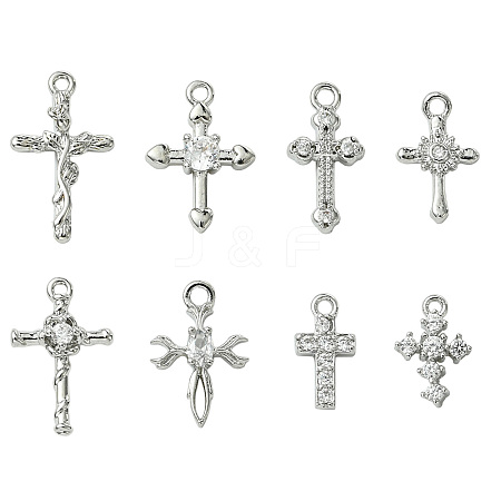 8Pcs 8 Styles Brass Micro Pave Clear Cubic Zirconia Charms KK-CJ0004-22-1