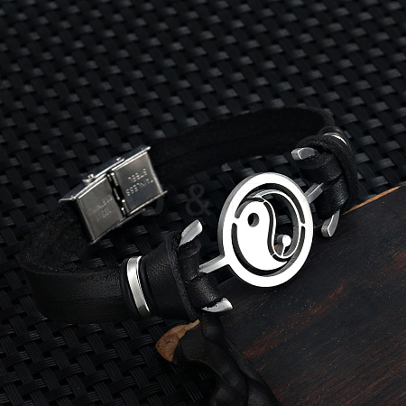 Stainless Steel Yin Yang Link Bracelet with Leather Cords PW-WG54823-01-1