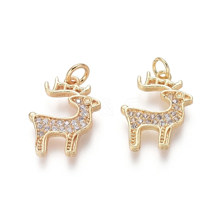  Jewelry Beads Findings Brass Charms, with Clear Cubic Zirconia and Jump Rings, Christmas Reindeer/Stag, Golden, 15x12x1.5mm; Jump Ring: 4.5x0.8mm, 2.5mm inner diameter