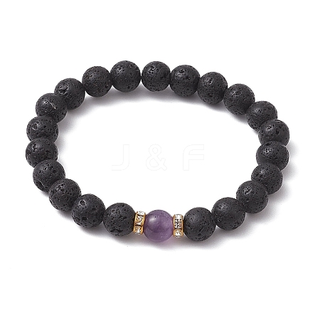 Natural Amethyst & Lava Rock Round Beaded Stretch Bracelets for Women BJEW-JB10797-01-1