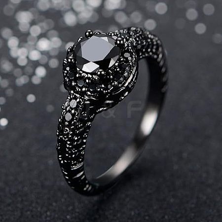 Flat Round Brass Jet Rhinestone Finger Rings FS-WG232E0-05-1