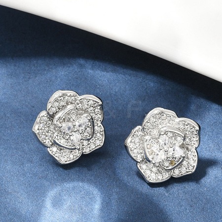 Flower Brass Micro Pave Clear Cubic Zirconia Stud Earrings EJEW-M082-19P-1