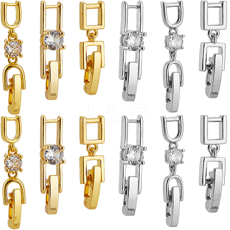 12Pcs 6 Styles Rack Plating Brass Micro Pave Clear Cubic Zirconia Fold Over Clasps KK-SC0005-94-1