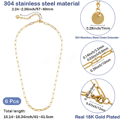 6Pcs 304 Stainless Steel Paperclip Chain Necklaces NJEW-SC0001-57A-G-1