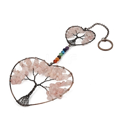 7 Chakra Heart Tree of Life Brass & Natural & Synthetic Gemstone Beads Hanging Ornament G-H359-01R-02-1