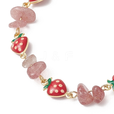 Natural Strawberry Quartz Chip Beads & Brass Enamel Link Chains Bracelets for Women BJEW-JB13149-1