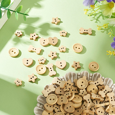 100Pcs 5 Styles Wooden Buttons BUTT-TA0001-46-1