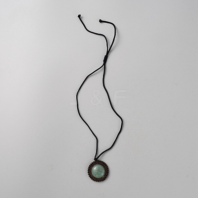 Natural Green Aventurine & Wood Flower Pendant Necklace with Adjustable Nylon Cords NJEW-WH0002-118C-1