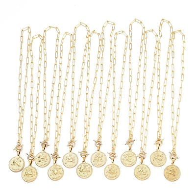 Flat Round with 12 Constellation/Zodiac Sign Pendant Necklaces Sets NJEW-JN03126-1