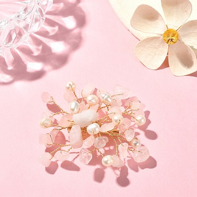 Natural Rose Quartz Chips & Pearl Beaded Flower Brooch Pin JEWB-BR00098-03-1