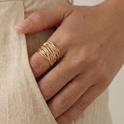Brass Micro Pave Cubic Zirconia Finger Rings for Women CU-CBAA973-01G-1