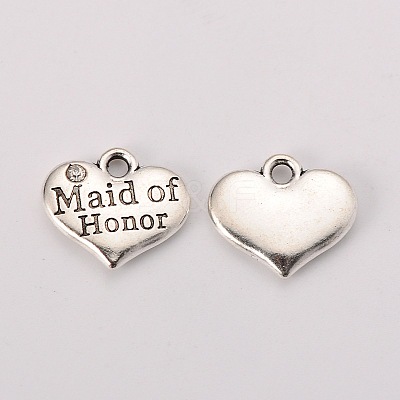 Wedding Theme Antique Silver Tone Tibetan Style Heart with Maid of Honor Rhinestone Charms TIBEP-N005-05B-1