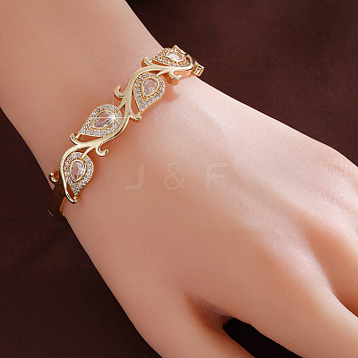 Brass Pave Clear Cubic Zirconia Drop Leaf Cuff Hinged Bangles for Women WG4E307-01-1