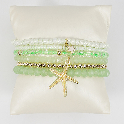 Bohemian Style Round Glass & Plastic Beads Stretch Bracelets & Starfish & Star Zinc Alloy Charm Bracelets Set for Women FS-WG8BA5D-02-1