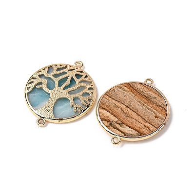 Natural Mixed Gemstone Flat Round Connector Charms G-E609-01G-1