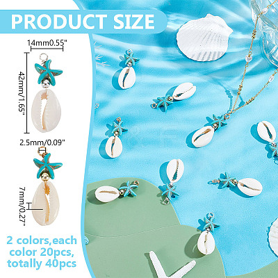40Pcs 2 Colors Natural Cowrie Shell & Synthetic Turquoise Starfish Pendants PALLOY-HY00105-1