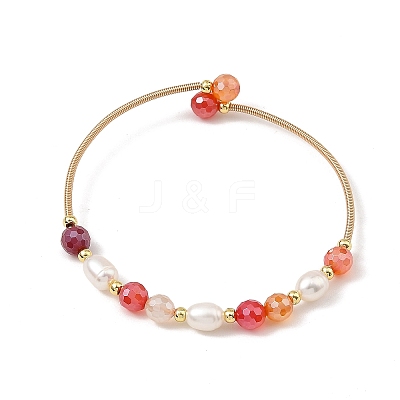 Natural Banded Agate(Dyed & Heated) Round and Rice Pearl Beaded Copper French Wire Cuff Bangles BJEW-JB14374-02-1