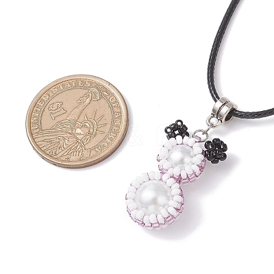 Glass Seed Beads & Glass Pearl Round Beaded Bear Pendant Waxed Cotton Cord Necklaces for Women Men NJEW-MZ00126-1