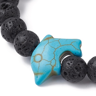 Natural Lava Rock & Synthetic Turquoise Dolphin Beaded Stretch Bracelets BJEW-JB09826-01-1
