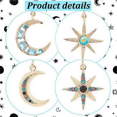 2 Sets 2 Styles Colorful Rhinestone Moon & Star Asymmetrical Earrings EJEW-FI0001-22-1