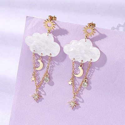 Acrylic Cloud with Moon Dangle Stud Earrings EJEW-JE06843-1